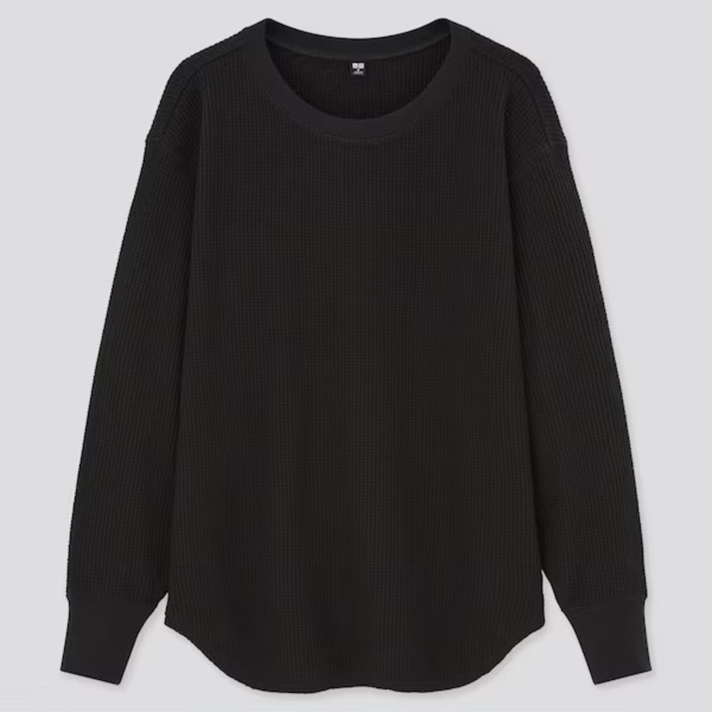 Uniqlo Black Relaxed Long Sleeve Sweatshirt Waffle Thermal